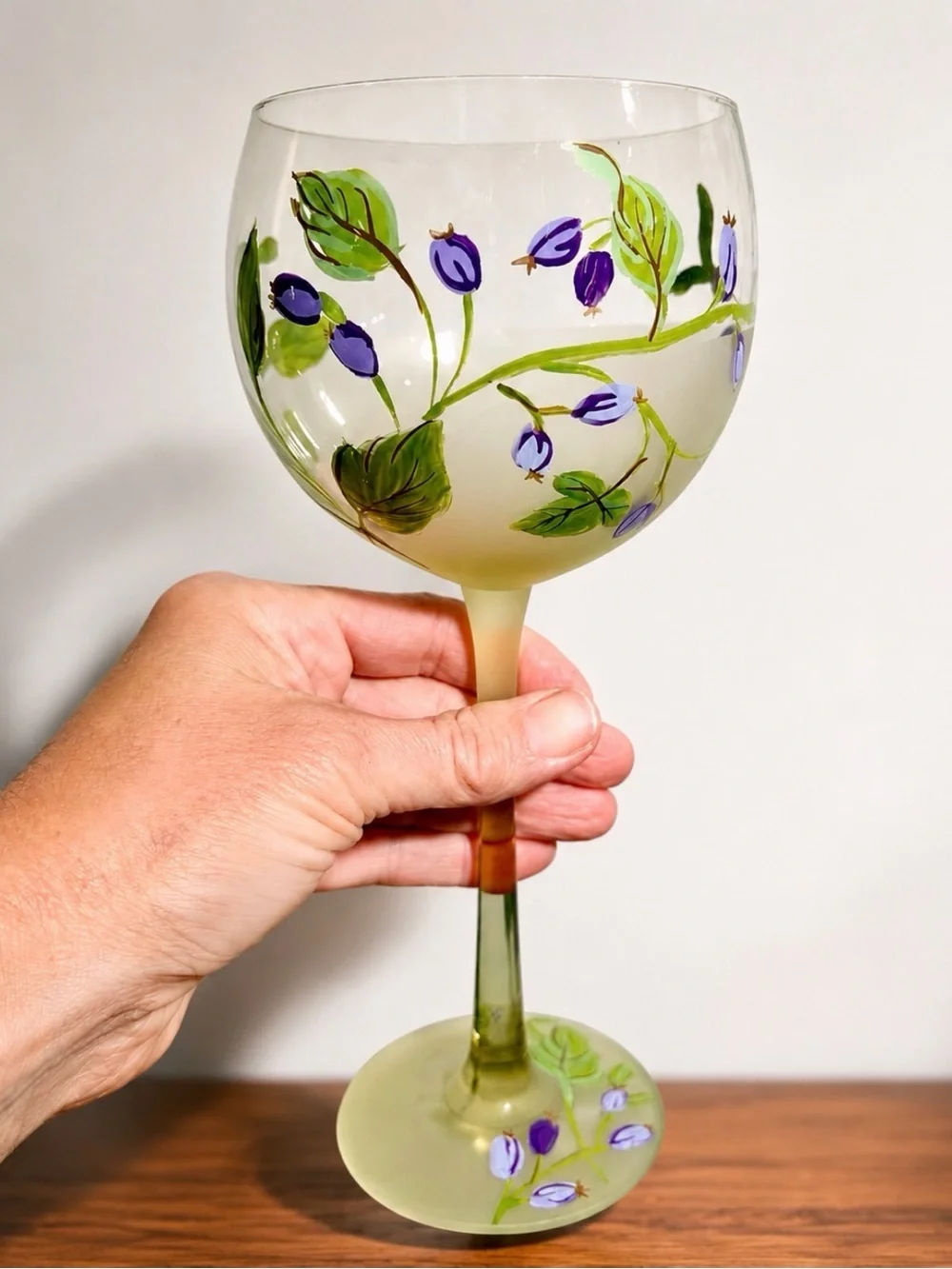 Vintage Frosted Hand-Painted Botanical Wine Glasses - Set of 4